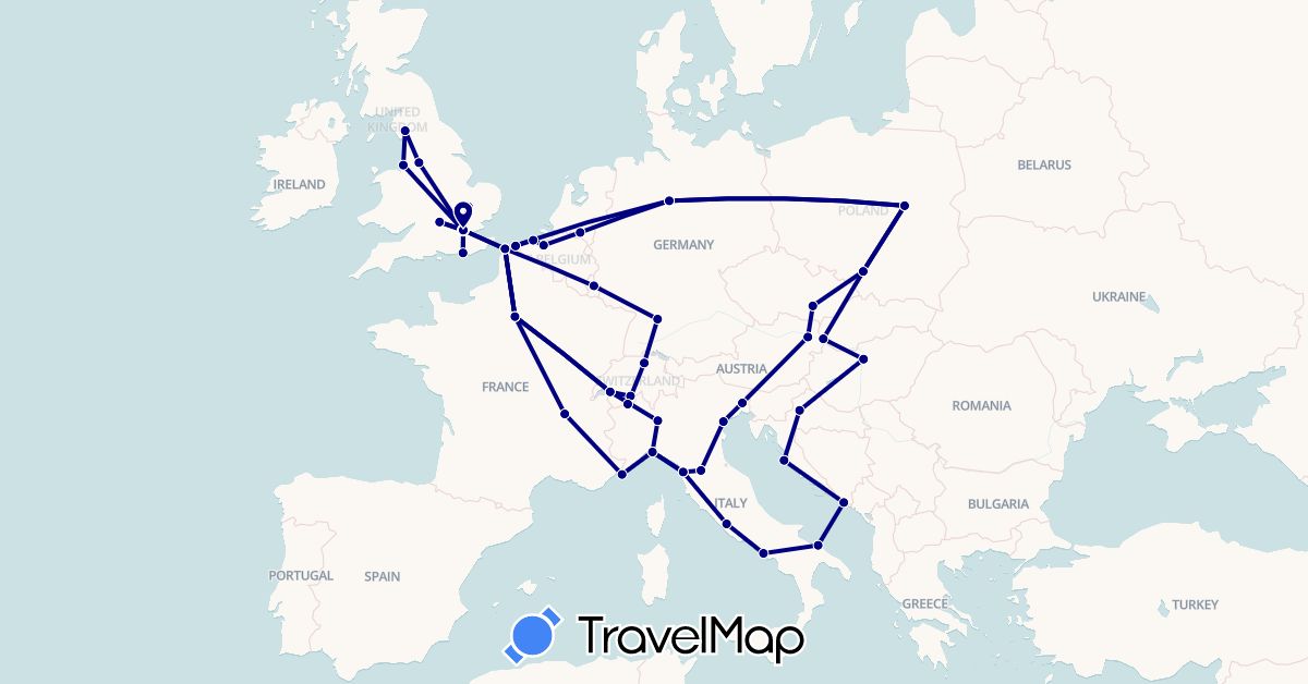 TravelMap itinerary: driving in Austria, Belgium, Switzerland, Czech Republic, Germany, France, United Kingdom, Croatia, Hungary, Italy, Luxembourg, Monaco, Netherlands, Poland, Slovakia (Europe)